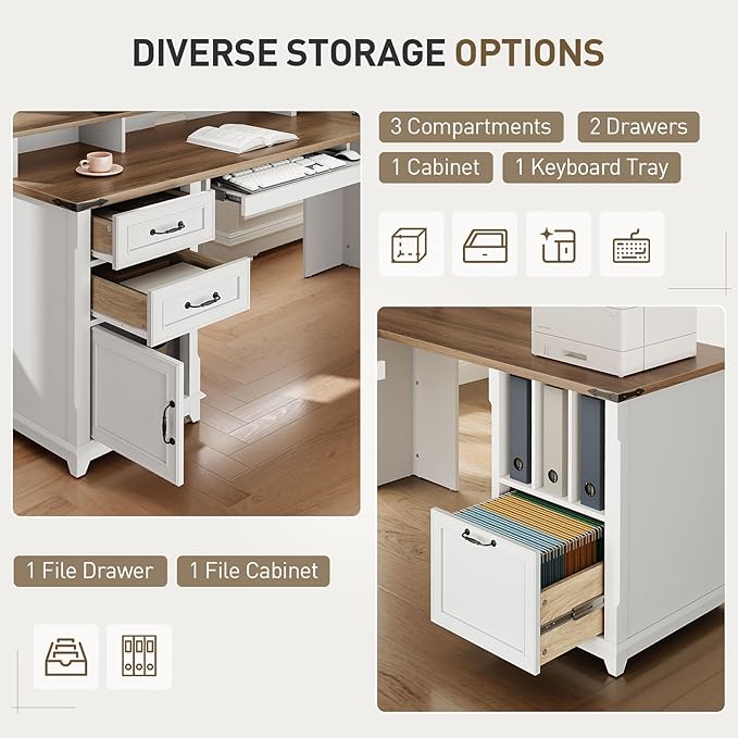 RALGEND Farmhouse 69" Executive L Shaped Desk with Drawer, Home Office Desk with Charging Station, Corner Computer Desk with Monitor Stand, File Drawer, Storage Cabinet, White and Walnut