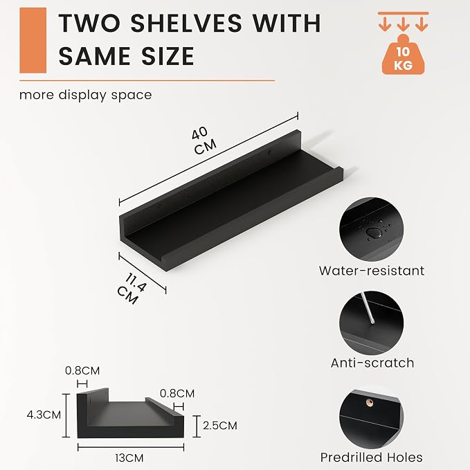 FLYJOE Picture Ledge Shelf, Floating Shelves Set of 2, 16 Inches Nursery Book Shelves for Toys Storage, Kids Bookshelf Wall Mounted for Living Room Bedroom Decor Books Photo Frames, Black
