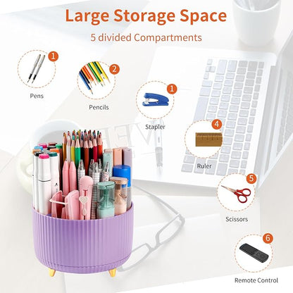Desk Pencil Pen Holder, 5 Slots 360°Degree Rotating Pen Organizers for Desk, Desktop Storage Stationery Supplies Organizer, Cute Pencil Cup Pot for Office, School, Home, Art Supply, Purple