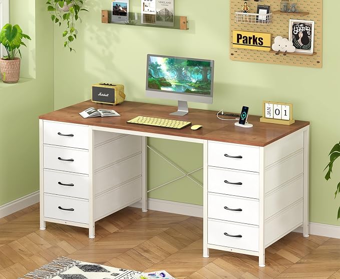 YOMILUVE 50 Inch Computer Desk with 8 Drawers, Home Office Desk with Power Outlets, Work Study Gaming Desk with 8 Fabric Drawers, Brown and White