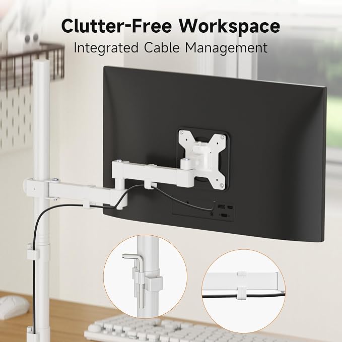 Bracwiser Single Fully Adjustable Standing Height Monitor Arm Stand Mount 800mm Tall for Monitor Computer Screen 13 15 17 19 20 22 23 24 26 27 30 32 inch VESA 75 100 (MD7821W)