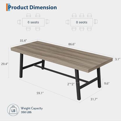 GarveeHome Industrial Dining Table for 8-10 People, 86.61" Long Kitchen Table with Sturdy Metal Frame, Rectangular Counter for Dinner, Kitchen, Dining Room (Grey Walnut, 87" Non-extendable)