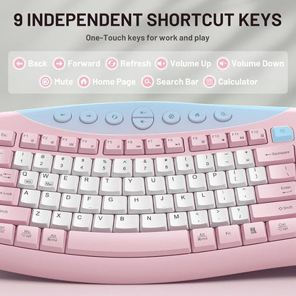 Wireless Keyboard and Mouse Combo,2.4G Full Size Ergonomic Curved Silent Keyboard with Fn Multimedia Keys for Office and Home, 3-DPI Quiet Mouse for Windows,Mac OS Desktop/Laptop/PC (Light Pink-B)