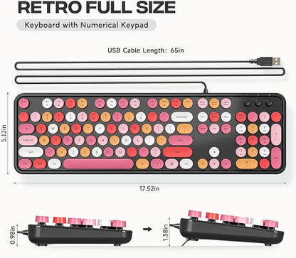 MOWUX Computer Keyboard Wired, Plug and Play USB Retro Round Typewriter Keyboard, Full Size Wired Keyboard with Foldable Stands for Laptop and Office PC- Black Colorful