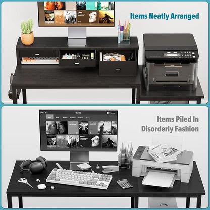 SINPAID 47 inch Computer Desk with Printer Shelf, Gaming Desk with Monitor Stand and Drawers, Reversible Home Office Desk with Storage Shelves and 2 Hooks, Home Workstation for Study Writing, Black