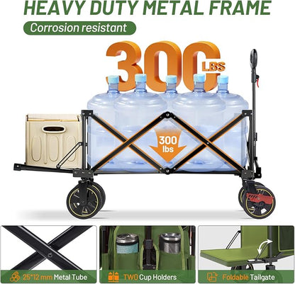 TIMBER RIDGE 49" Extra Long Collapsible Folding Wagon with Tailgate and Brakes, 300lbs Heavy Duty Wagon Carts Foldable, 250L Capacity Portable Cart for Dogs, Garden, Outdoor Camping Sports, Green