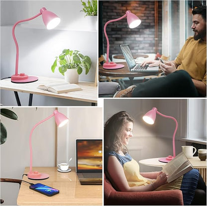 BOHON Cute Desk Lamp with USB Charging Port, 3 Color Modes Dimmable, Pink | Pink Lamp LED Reading Lamp, Flexible Neck Auto Dimming Table Task Light for Home Office Dorm Bedside