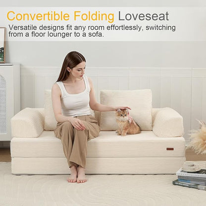 COMAX Futon Sofa Bed, Convertible Folding Sofa Bed, Boneless Couch Loveseat Corduroy with Pillows, Small Foldable Floor Couch Comfy Lounge Sleeper for Living Room Bedroom, Beige