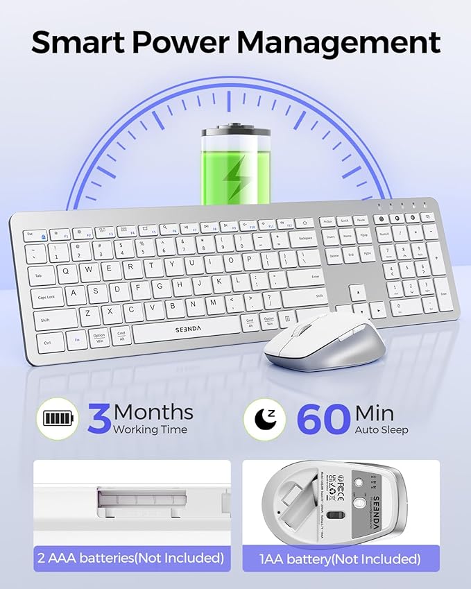 seenda Wireless Keyboard and Mouse Combo for Windows PC, Laptop, Mac, iPad, Bluetooth & 2.4G 3-Device Multi-Connection, Ultra Slim Full Size Quiet Keyboard, Adjustable DPI Mouse, Silver
