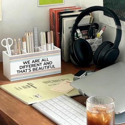 Classroom Pen Pencil Holder for Desk, Inspirational We Are All Different and That's Beautiful Wooden Box Sign Decorations for Kids Room Bedroom Playroom Classroom Desk Tabletop