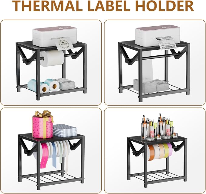 Label Holder for Rolls and Fanfold Labels, Wooden & Metal Thermal Sticker Label Printer Holder for Desktop, Sticker Roll Holder for Home Office Small Business Essentials, Black