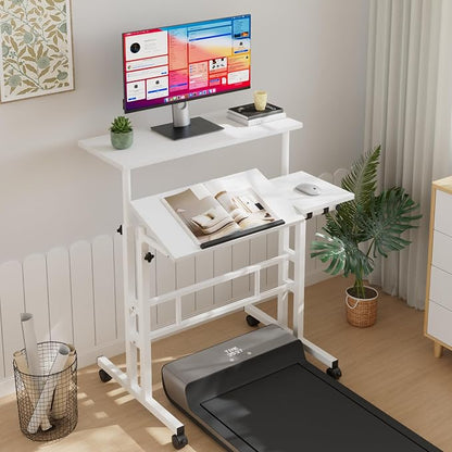 VECELO Mobile Small Standing Desk Adjustable Height, Computer Workstations with Tiltable Tabletop, Lockable Wheels, Portable Rolling Laptop Desk for Home Office, White