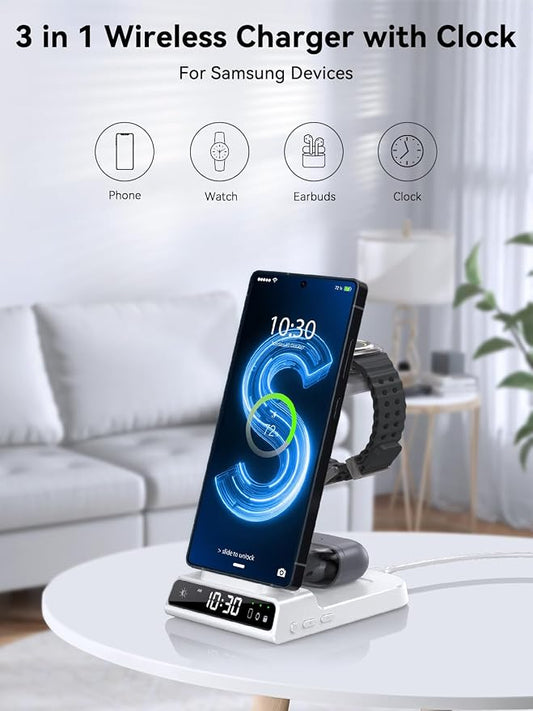 Wireless Charger for Samsung Charging Station with Clock for Samsung Galaxy S25 Ultra/S24 Ultra/Z Flip 7/Z Fold 6/Galaxy Bud, 3 in 1 Charger Station Watch Charger for Galaxy Watch 8/7/6/5 Pro (White)
