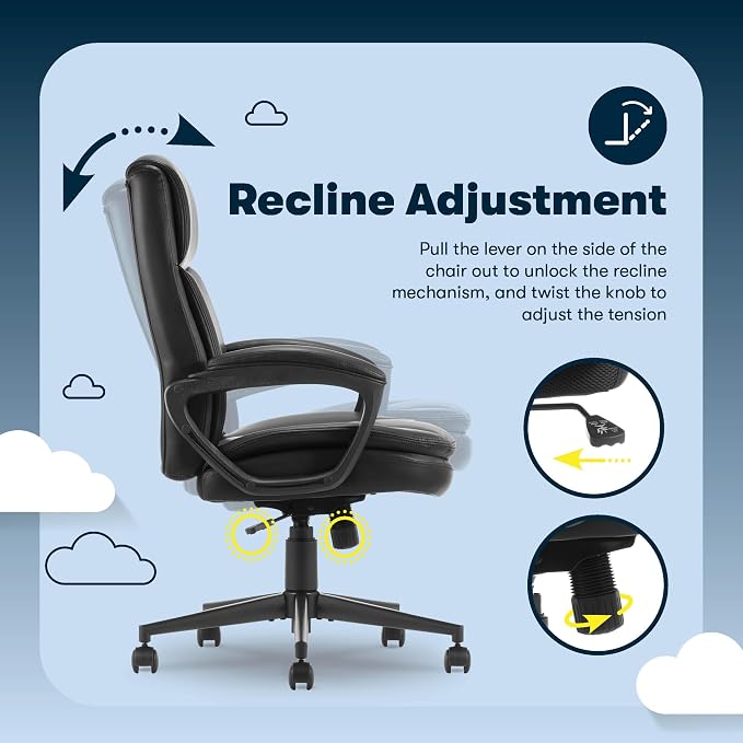 Serta Comfort Ergo Executive Office Chair, Ergonomic Mid-Back Design with Lumbar Support, Semi-Plush Double-Layer Seat Cushion, Padded Armrests, Swivel Metal Base, Bonded Leather, Black