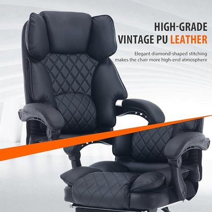 Big Tall Reclining Executive Office Chair with Footrest, 400lbs Ergonomic Recliner Desk Chairs with Lumbar Support, Heavy Duty High Back Lower Back Support Computer Chair with Wheels, Black