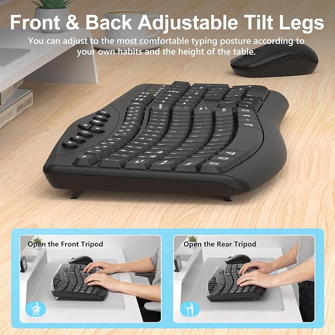 Wireless Keyboard and Mouse Combo, 2.4G Full Size Quiet Ergonomic Curved Keyboard for Natural Typing, 3-Level DPI Adjustable Silent Mouse for Windows, Mac OS, Desktop/Laptop/Office and Home (Black)