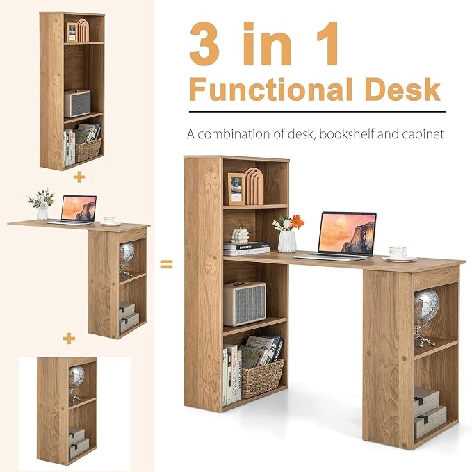 LDAILY Computer Desk with Bookshelf, 48” Modern Office Desk w/ 6-Tier Storage Shelves, CPU Stand, Wider Base, 3-in-1 Reversible Study Table, Writing Desk for Home Office, Bedroom, Study Room (Natural)