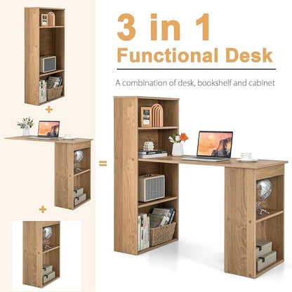 LDAILY Computer Desk with Bookshelf, 48” Modern Office Desk w/ 6-Tier Storage Shelves, CPU Stand, Wider Base, 3-in-1 Reversible Study Table, Writing Desk for Home Office, Bedroom, Study Room (Natural)
