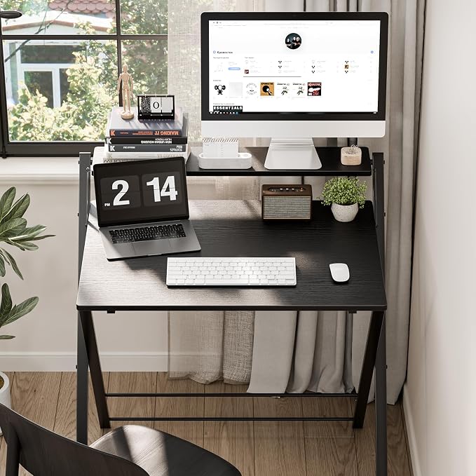 DUMOS Small Folding Desk with Shelf, No-Assembly Foldable Computer Desk for Tight Spaces, Portable Table for Bedroom, Home Office, Dorm or Apartment, Ink