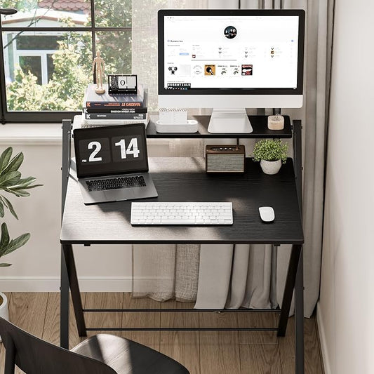 DUMOS Small Folding Desk with Shelf, No-Assembly Foldable Computer Desk for Tight Spaces, Portable Table for Bedroom, Home Office, Dorm or Apartment, Ink