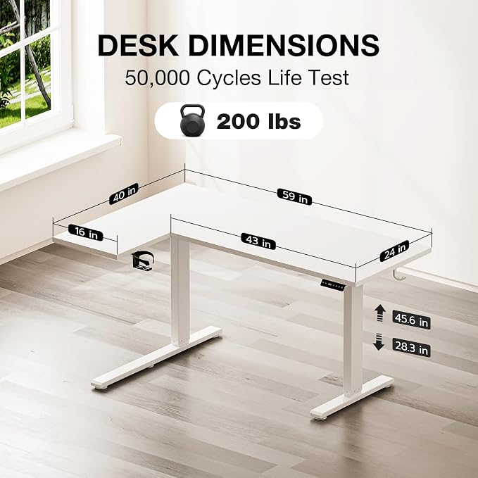 Muvai 59 Inch L Shaped Standing Desk Adjustable Height with Cable Management Tray,Gaming Electric Corner Standing Desk, Sit Stand Computer Table with Reversiable Splice Board,White