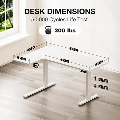Muvai 59 Inch L Shaped Standing Desk Adjustable Height with Cable Management Tray,Gaming Electric Corner Standing Desk, Sit Stand Computer Table with Reversiable Splice Board,White
