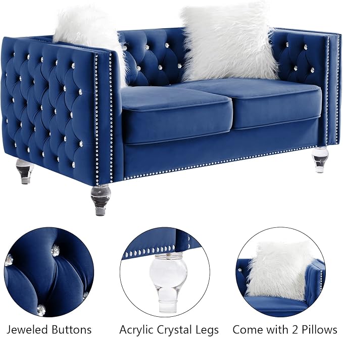 mikibama Velvet Loveseat with Buttons and Square Arms 59 Inch Tufted Sofa with Trimmed Nailhead and Acrylic Legs Loveseat Couch for Living Room,Bedroom (Navy Blue-Crystal Legs, Loveseat)