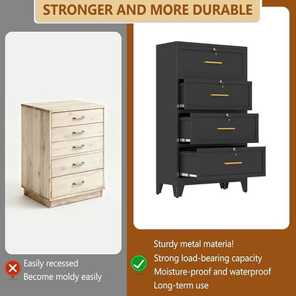 Metal Lateral File Cabinet with Lock,4 Drawer Steel Wide Filing Organization Storage Cabinets for Legal/Letter/A4/F4 Size with Hanging Files&Key,Lockable Printer Stand for Home Office, Black