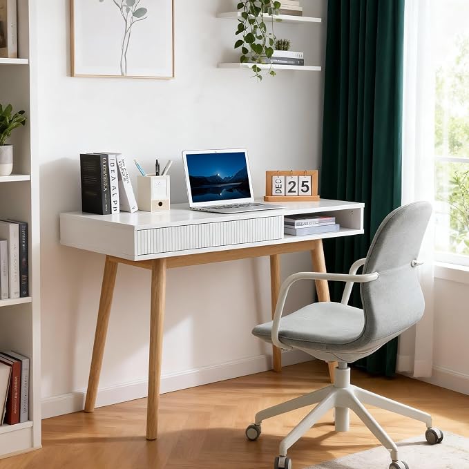 Artswish White Desk with Drawer for Small Spaces, Mid Century Modern Writing Desk with Storage Cubby & Cable Management Hole, Home Office Computer Desk for Bedroom, Apartment, Study Room
