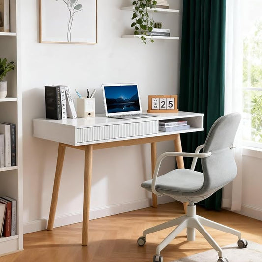 Artswish White Desk with Drawer for Small Spaces, Mid Century Modern Writing Desk with Storage Cubby & Cable Management Hole, Home Office Computer Desk for Bedroom, Apartment, Study Room