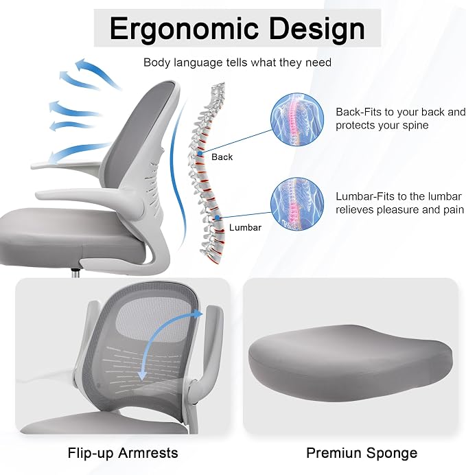 HYLONE Tall Drafting Chair Standing Desk Chair with Flip-Up Armrests, Adjustable Height Ergonomic Office Chair with Footrest Ring - High Stool Chair for Standing Desk (Light Grey)