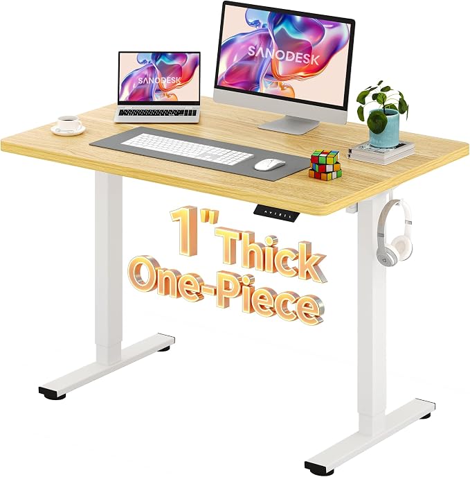 SANODESK Electric Standing Desk 48 x 30 Inches Whole-Piece Desktop Height Adjustable Stand Up Desk w/6-Button Controller Ergonomic Computer Desk for Home Office, White Frame + Natural Tabletop