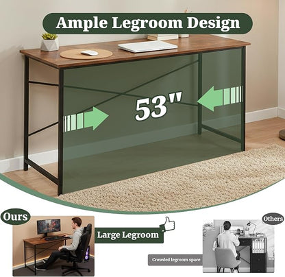 Computer Desk 55 Inch, Simple Home Office Desk Study Writing Table, Sturdy Metal Frame, Scratch-Resistant MDF Desktop for Bedroom Dorm Workspace, Brown