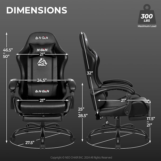 N-GEN GAMING Video Gaming Chair with Footrest Lumbar Support for Home Office High Back Recliner Height Adjustable Ergonomic Comfy Leather Computer Desk Chair (Deep Black)