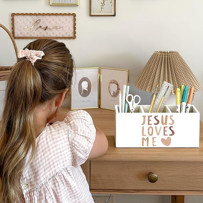 Boho Christian Inspirational Pen Holder, Christian Gifts Pencil Holder for Desk, Jesus Loves Me Bible Verse Wooden Box Sign Decorations for Kids Nursery Room Bedroom Classroom Desk Tabletop