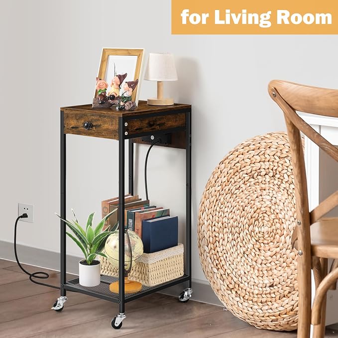 Vrisa Home Printer Stand with Storage Drawer Printer Table Desk with Charging Station Small Printer Cart Holder with Wheels for Home Office Computer PC Tower Label Shredder Stands, Rustic Brown