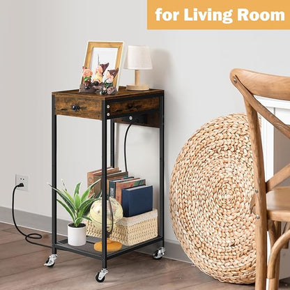Vrisa Home Printer Stand with Storage Drawer Printer Table Desk with Charging Station Small Printer Cart Holder with Wheels for Home Office Computer PC Tower Label Shredder Stands, Rustic Brown