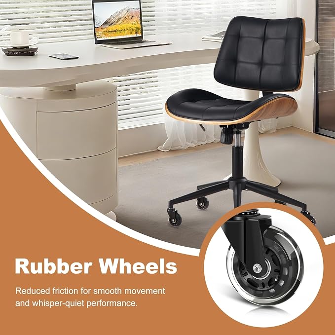 BV Armless Office Chair with Rubber Wheels, 360° Swivel Adjustable Task Chair, PU Leather Rolling Desk Chair for Home Office, Study and Conference Room, Black