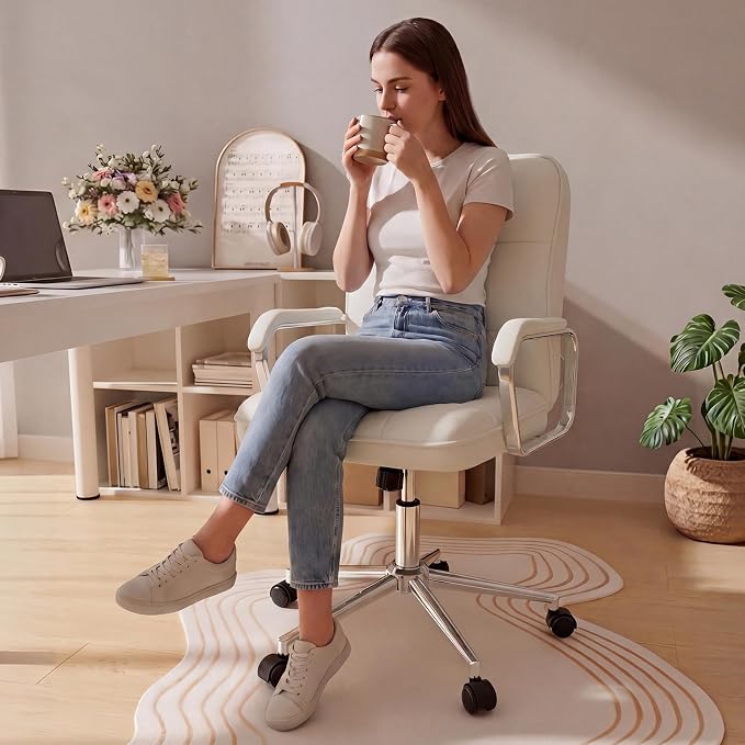 HomeZeer White Office Chair, Mid Back Leather Desk Chair with Wheels and Padded Arms, Swivel Vanity Chair for Bedroom, Computer Chair for Study and Work