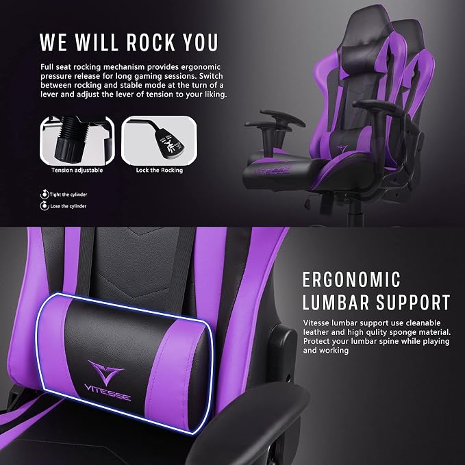 Gaming Chair,High Back Ergonomic Racing Gamer Chair with Lumbar Support and Headrest,Girl Computer Desk Chair with Height Adjustable(Purple)