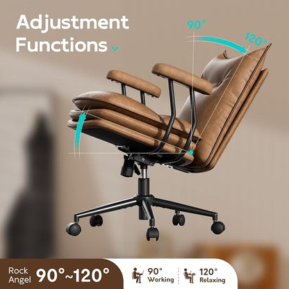 Brown Leather Office Chair with Triple-Layer Seat, Home Desk Chair | Comfy 7.3-inch Thick Cushion, Mid Back Ergonomic Support for Long Hours, Smooth Silent Wheels, Mid-Century Vintage Style