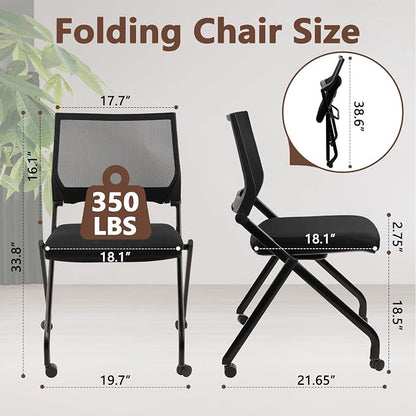 CLATINA Stackable & Foldable Conference Room Chairs, Waiting Room Chairs with Wheels & Lumbar Support, Ergonomic Mesh Bouncing Back Folding Chair for Office Meeting Schools Training, Black