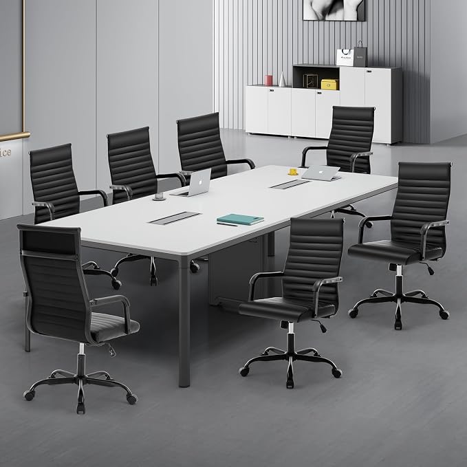 Office Chair, Ergonomic Executive Conference Room Chairs, Ribbed Leather Desk Chair with Lumbar Support, Adjustable Height Mid-Back Swivel Chair with Padded Seat and Square Tube Armrests