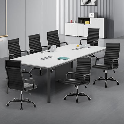 Office Chair, Ergonomic Executive Conference Room Chairs, Ribbed Leather Desk Chair with Lumbar Support, Adjustable Height Mid-Back Swivel Chair with Padded Seat and Square Tube Armrests