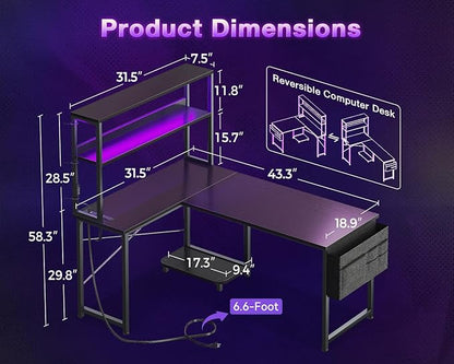 ODK 43 Inch L Shaped Desk with LED Lighting, Reversible Gaming Desk with Power Outlets, Cornor Computer Table with Storage Shelves & Bag & Iron Hook, Home Office Table for Writing, Study, Black