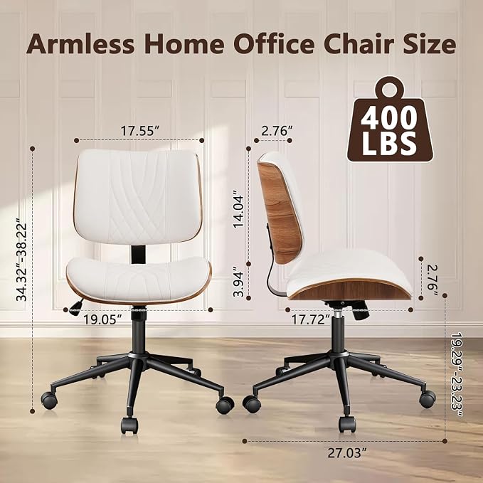 CLATINA Armless Home Office Chair, Desk Chair with Wheels, Adjustable Height Reading Chairs, Leather Mid Back & Swivel Computer Chairs, Modern Walnut with Back for Study Meeting Room(White) 2Pack