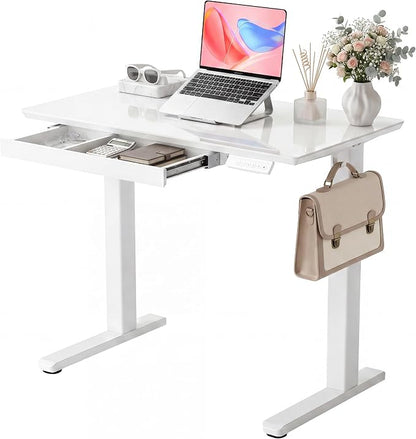 INNOVAR Glass Standing Desk with Drawers, 35×20 Inch Adjustable Stand Up Desk, Quick Install Home Office Computer Desk, White