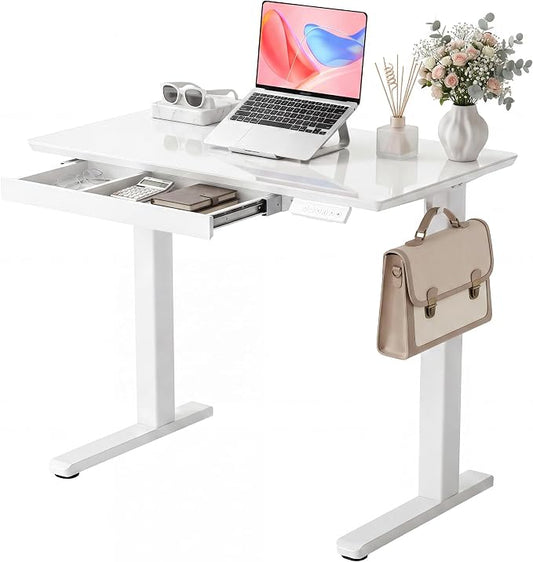 INNOVAR Glass Standing Desk with Drawers, 35×20 Inch Adjustable Stand Up Desk, Quick Install Home Office Computer Desk, White