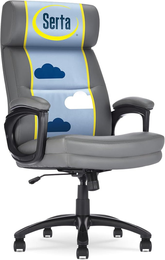 Serta Comfort Executive Big & Tall Office Chair, Ergonomic High-Back Computer DeskChair, Semi Plush Cushion Seat, Soft Padded Armrests, SertaQuality Foam, Metal Swivel Base, Bonded Leather, Gray