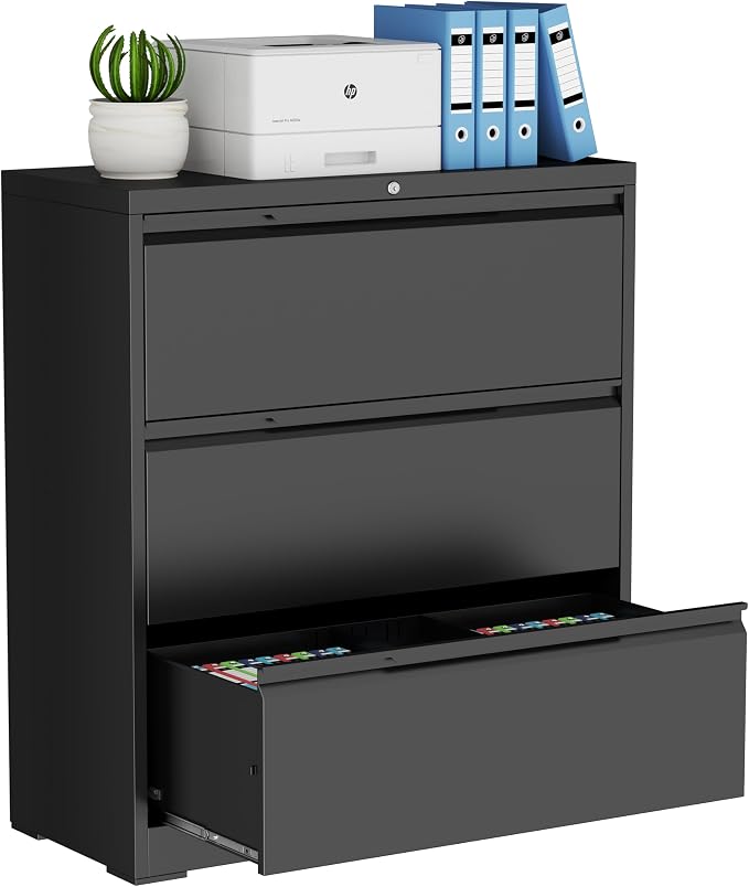 Lateral File Cabinet, 3 Drawer Lateral Filing Cabinet with Lock, Metal Lateral Filing Cabinet for Home Office, Office Organization Cabinet for Letter/Legal/F4/A4 Size (Require Assembly)